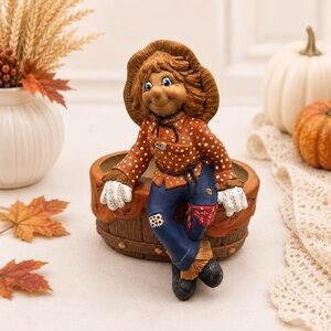 Hand-Painted Ceramic Scarecrow Sitting on a Bowl/Planter